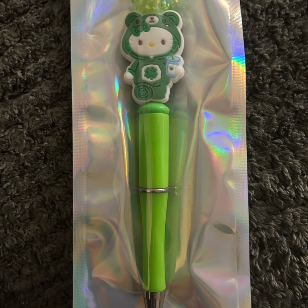 Hand Crafted Cute Green hello kitty dressed as care bear Pen